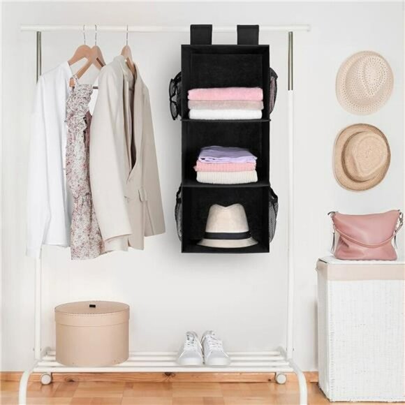 Hanging Closet Organizer 3 Shelf Foldable Storage Rack for Sweaters Clothes - Picture 2 of 7